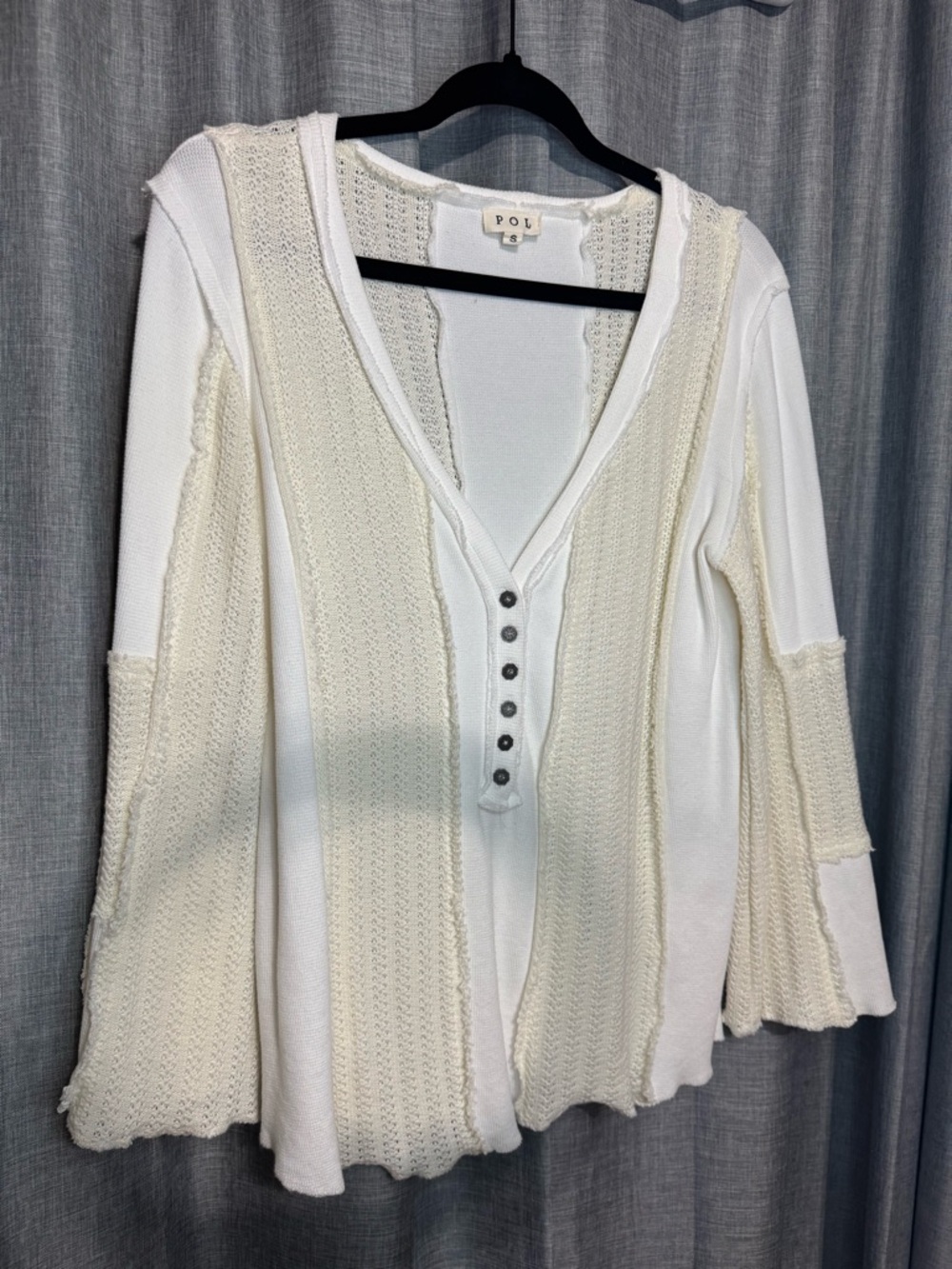 POL Cream & White Mixed-Knit Henley Tunic